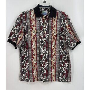 Vtg RJC Hawaiian Barkcloth Polo Shirt Men M Floral Hibiscus Drums Aloha Hawaii